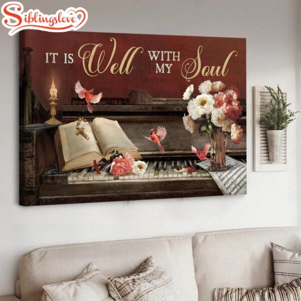 Vintage Piano Red Cardinal Bible It Is Well With My Soul Canvas Wall Art