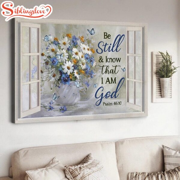 Watercolor Daisy Blue Flower Be Still And Know That I Am God Canvas Wall Art