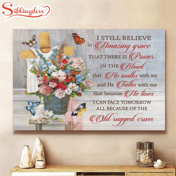 Watercolor Flowers Vase Jesus Old Rugged Cross Butterfly Canvas Wall Art