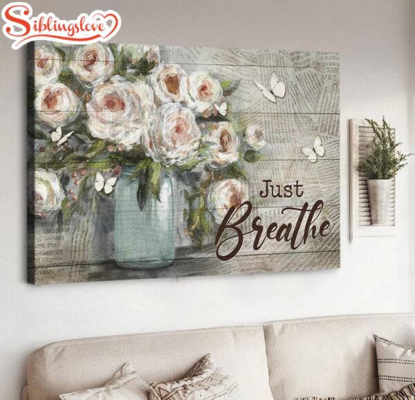 Watercolor Rose Newspaper Background Butterfly Just Breathe Canvas Wall Art