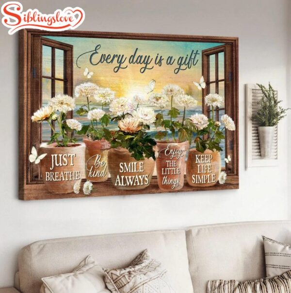 White Chrysanthemums Sunrise Ocean Every Days Is A Gift Canvas Wall Art