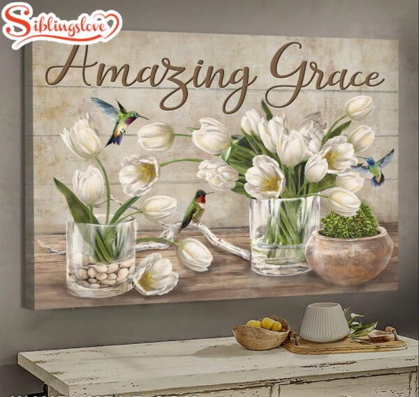 White Tulip Hummingbird Jesus Amazing Grace Canvas Wall Art