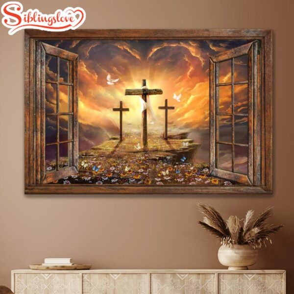 Window Frame Sunset Painting Path To Heaven Cross Jesus Canvas Wall Art