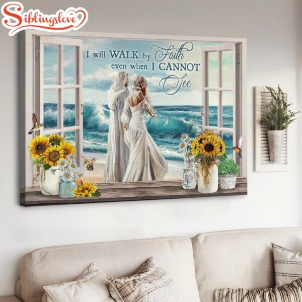 Woman & Jesus Painting Ocean Wave I Will Walk By Faith Canvas Wall Art