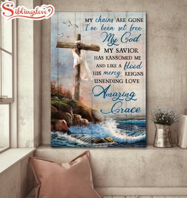 Wooden Cross Sea My Chains Are Gone Jesus Canvas Wall Art