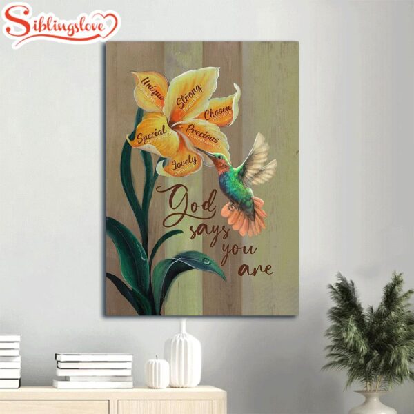 Yellow Lily Colorful Hummingbird God Says You Are Unique Canvas Wall Art